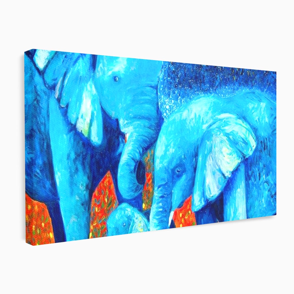 Tablou canvas cu pictura canvas cu familie de elefanti, fara rama, pe sasiu de lemn